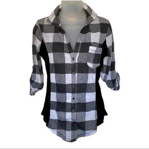 Gingham Plaid Button Blouse Black White Gray Country